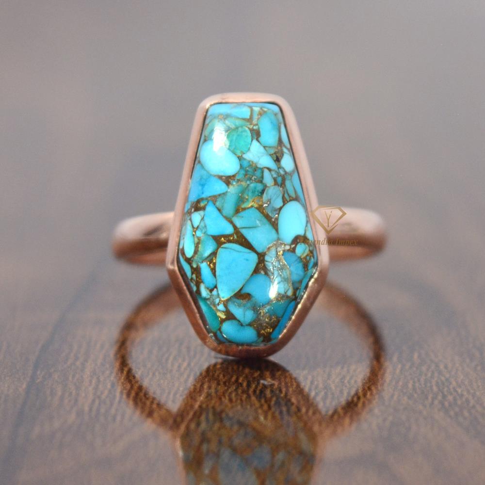 Rose Gold Plated Blue Turquoise Gemstone Coffin Rings 925 Sterling Silver Turquoise Ring For Wholesale Supplies