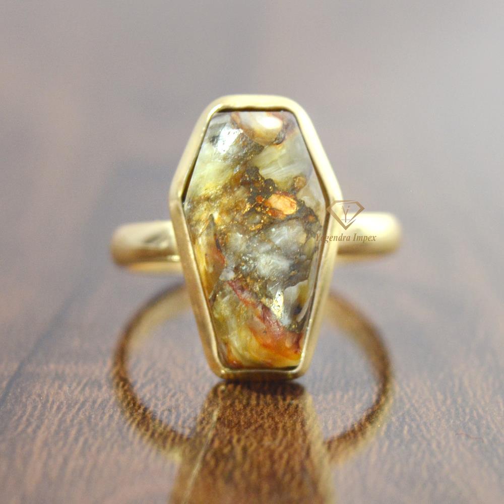 Handmade 18k Gold Plated Cat Eye Gemstone Coffin Ring 925 Sterling Silver Cats Eye Ring Jewelry Wholesale Suppliers