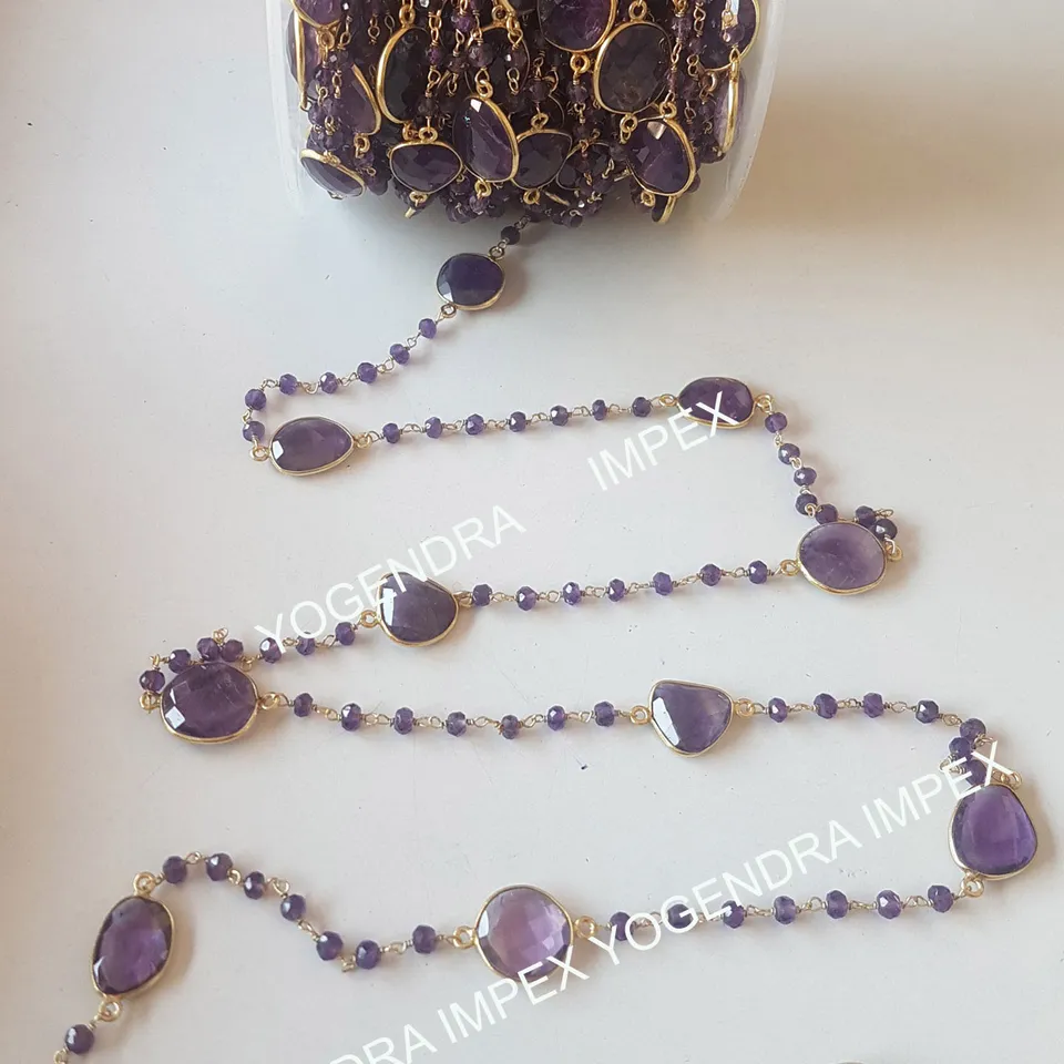 Natural Amethyst Gemstone Connector Chain Wholesale Shape gold Plated 925 Sterling Silver Bezel Chain