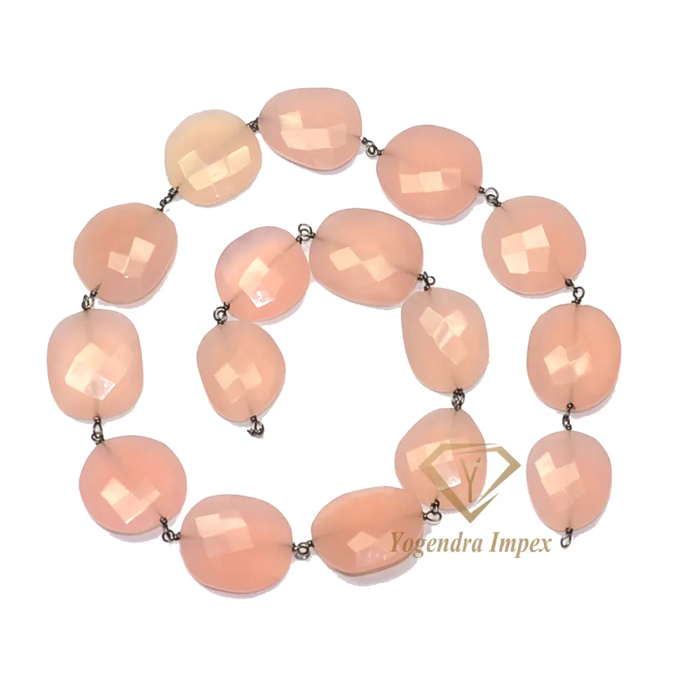 Exquisite Natural Pink Chalcedony Gemstone Chain Sterling Silver Black Rhodium Plated Pink Gemstone Chain Jewelry Wholesaler