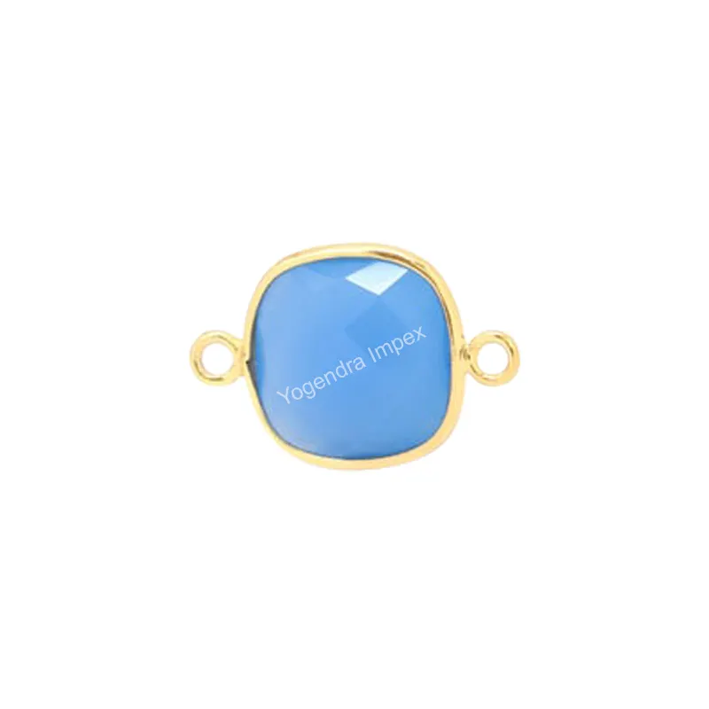 Micron Gold Plated Natural Blue Chalcedony Gemstone Pendant Wholesale Sterling Silver Bezel Connector Chain Jewelry Supplies