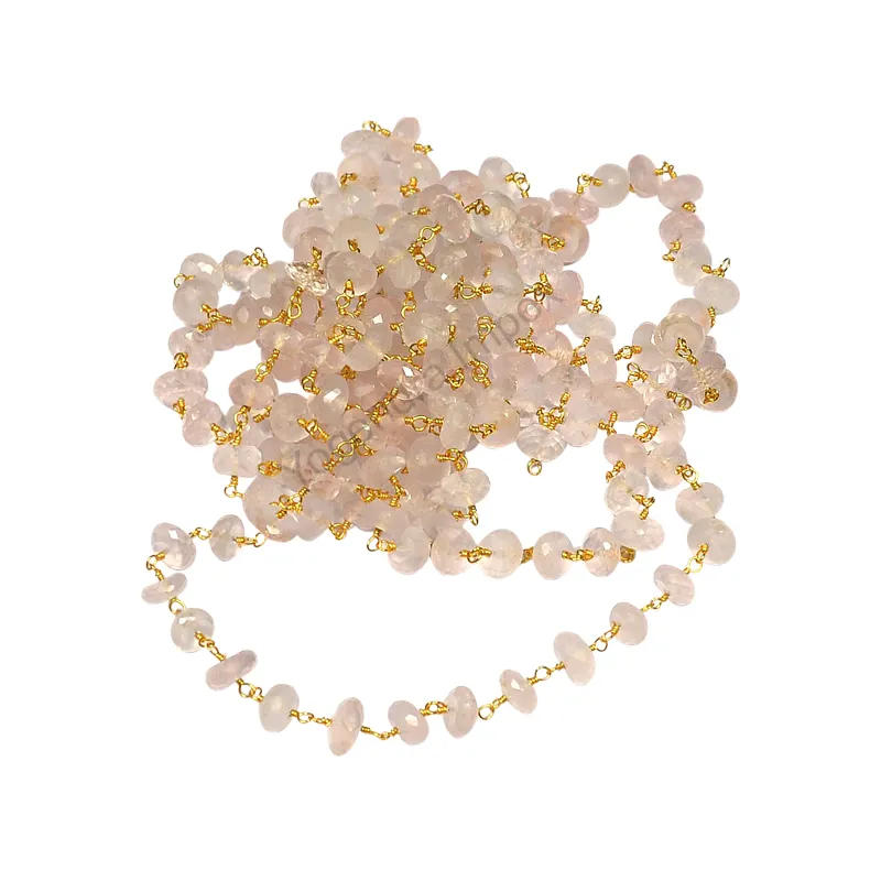 Gorgeous Natural Rose Quartz Gemstone Faceted Roundel Wire Warp Chain Gold Plated 925 Sterling Silver Rosary Chain Wholesaler
