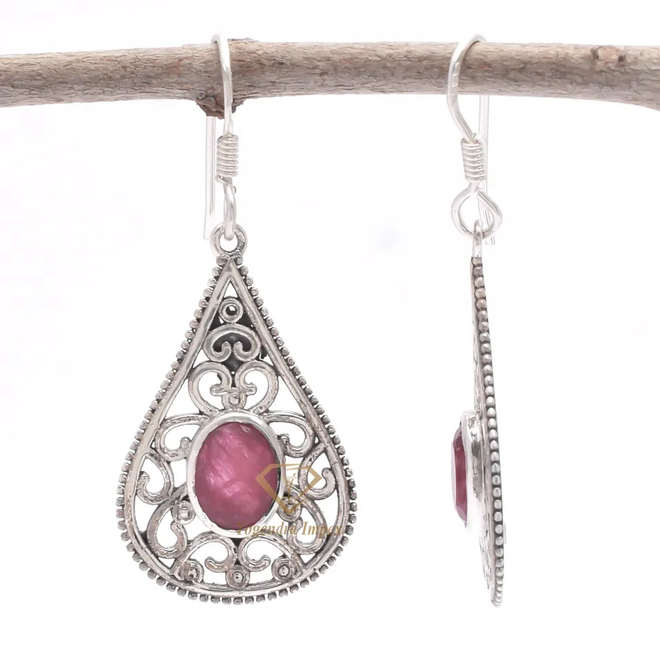 Natural Ruby Gemstone Drop & Dangle Earrings, 925 Sterling Silver Boho Silver Pink Color Earring Jewelry For Wholesale Suppliers