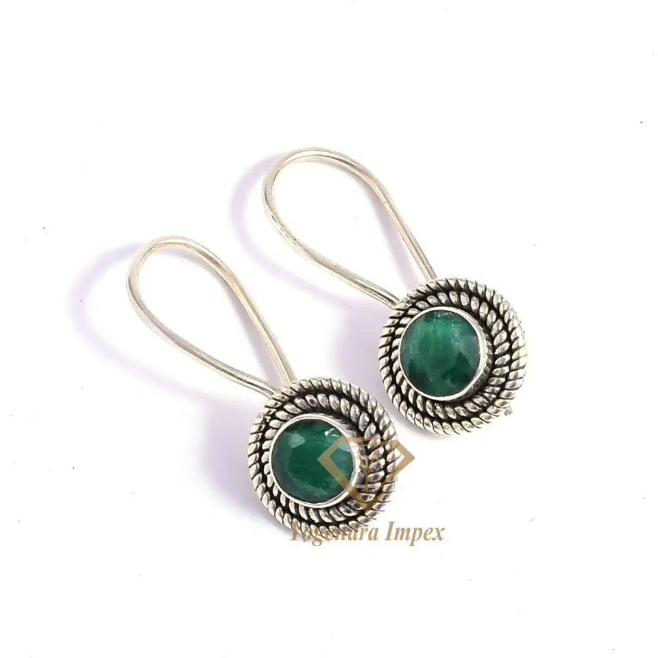 Vintage Natural Emerald Gemstone Dangle & Drop Earrings 925 Sterling Silver Earrings, Handmade Boho Earrings For Suppliers