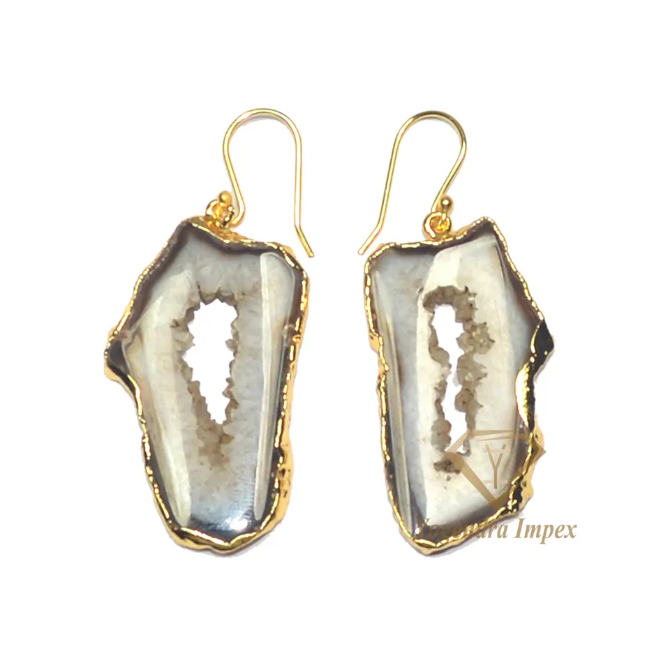 Top Quality Natural Geode Agate Slice Gemstone Drop & Dangle Earrings Sterling Silver, Bezel Set Wedding Earrings For Suppliers