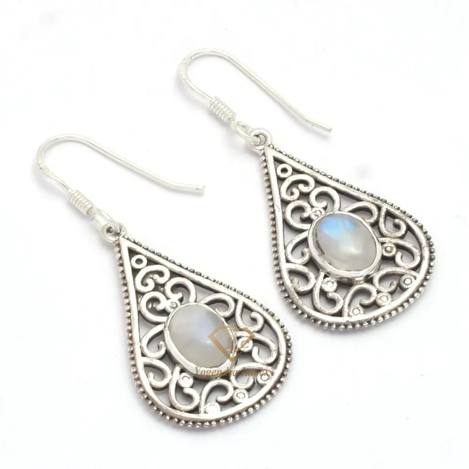 Gorgeous Oval Shape Rainbow Moonstone Gemstone Earrings Wholesale 925 Sterling Silver White Gemstone Earrings Jewelry For Women