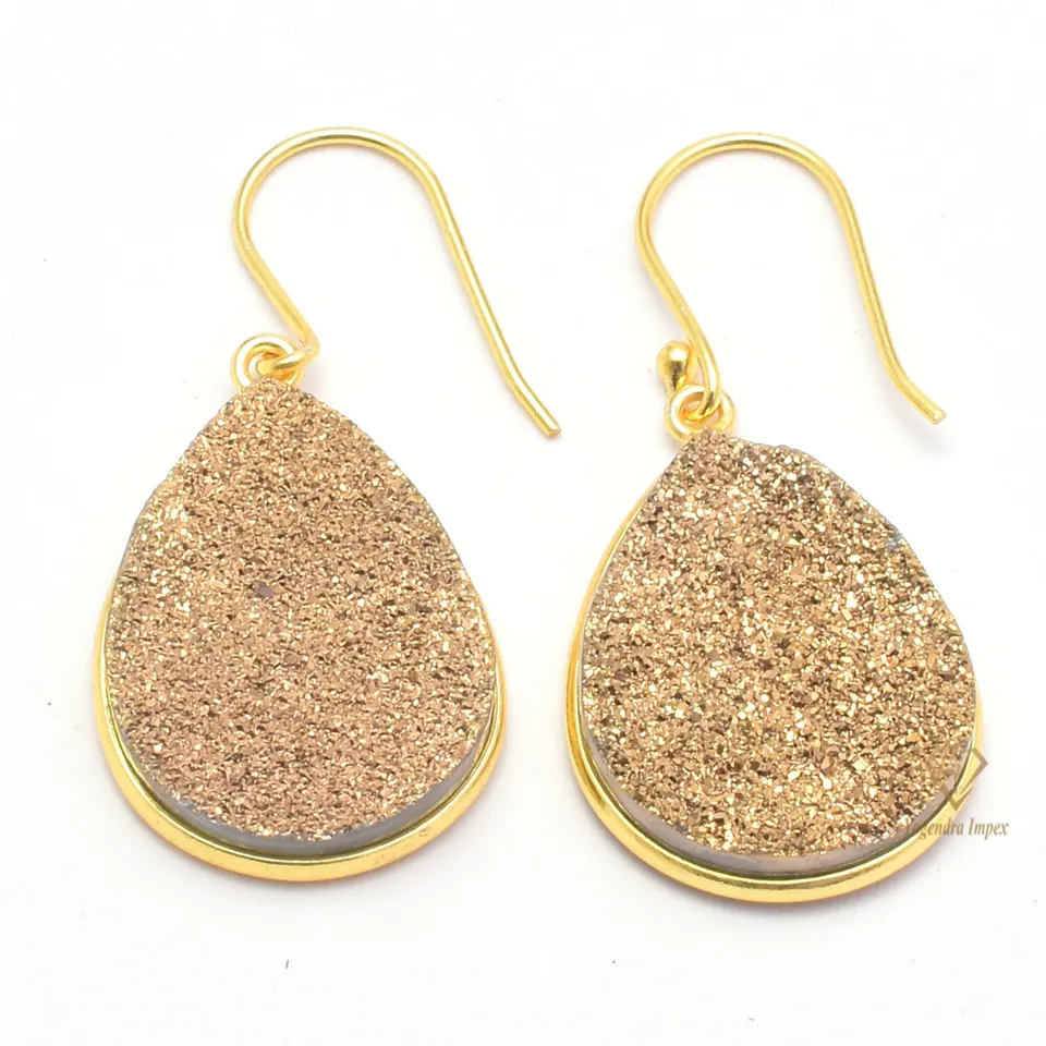 Pear Shape Natural Copper Titanium Druzy Gemstone Drop Earrings 925 Sterling Silver Bezel Gift for her Earring For Supplies