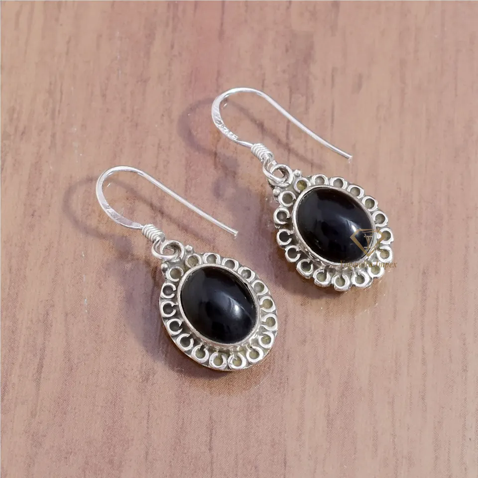 Natural Black Onyx Gemstone Dangle & Drop Earrings/925 Sterling Silver Handmade Bezel Set Hook Earrings For Wholesale Suppliers