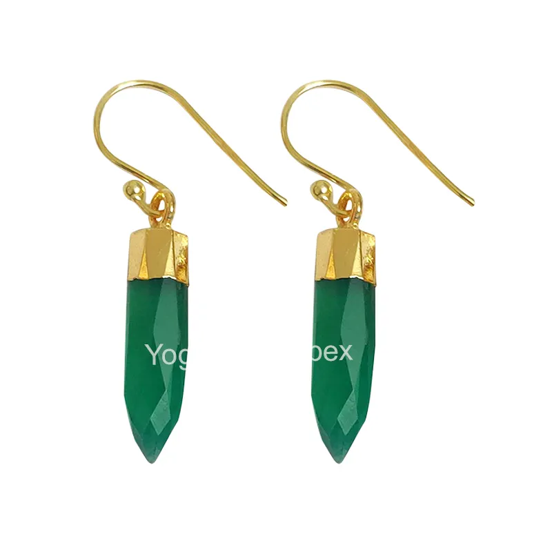 Natural Green Onyx Gemstone With Gold Plated Over 925 Silver Dangle Earrings For Wholesale Suppliers
