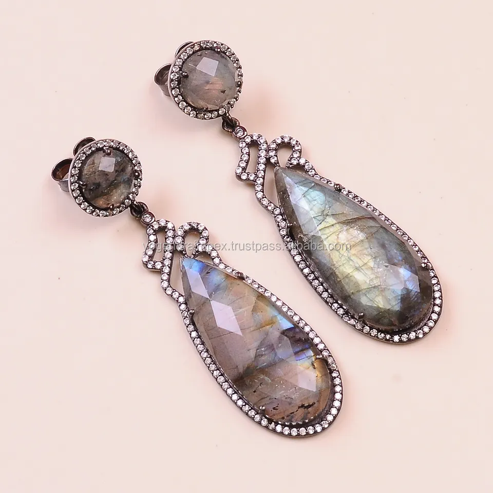 Labradorite Pear shape Round with Cz 925 Sterling Silver Earring NEW ARRIVAL LABRADORITE PEAR SHAPE GEMSTONE