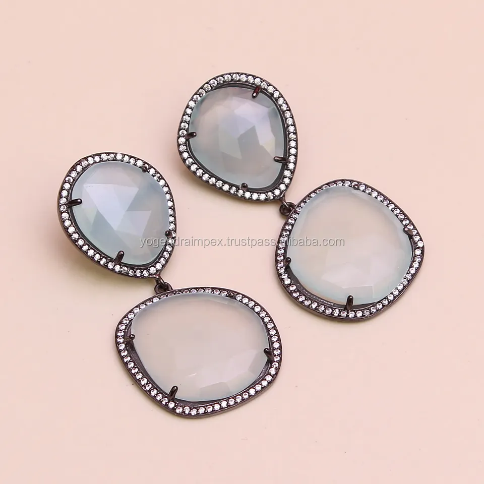 Vintage Peru Chalcedony Gemstone Earrings black rhodium Plated 925 Sterling Silver Hanging Earrings For Manufacture & Suppliers