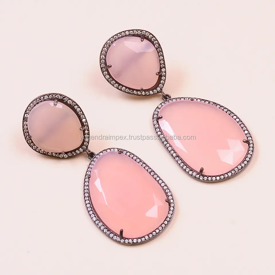 Pink Chalcedony with Cz Pear shape 925 Sterling Silver Earring latest arrival fashionable look for girls and women