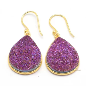 Gorgeous Pink Titanium Druzy Gemstone 925 Sterling Silver Dangle Earrings 18k Gold Plated Handmade Earrings For Wholesaler