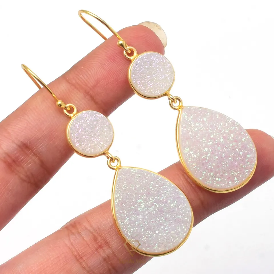 Rainbow Moonstone Druzy Gemstone Hanging Earrings/925 Sterling Silver Earrings 18k Gold Plated Hook Earrings Supplier