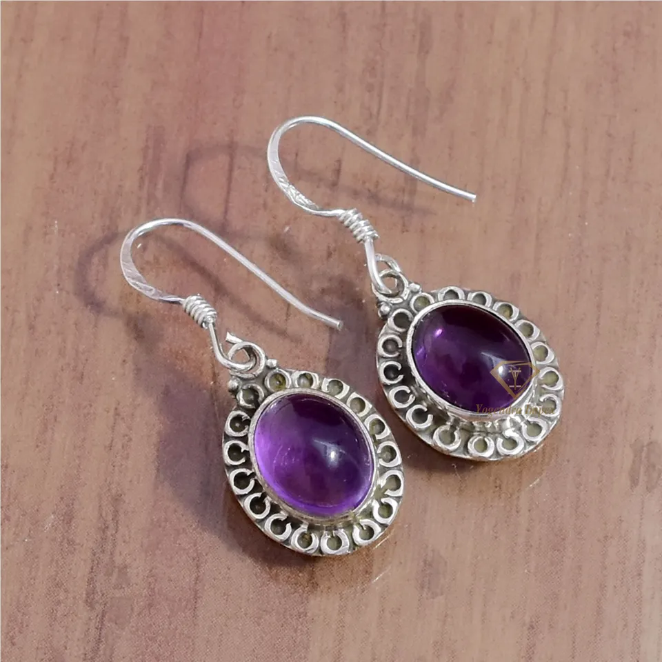 Elegant Oval Shape Natural Purple Amethyst Gemstone Earrings/ 925 Sterling Silver Purple Earrings For Manufacturer & Suppliers