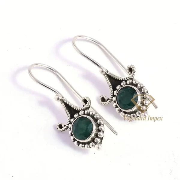 Vintage Natural Emerald Gemstone 925 Sterling Silver Drop & Dangle Earrings, Handmade Boho Earrings For Wholesale Suppliers