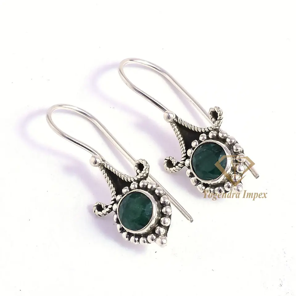 Vintage Natural Emerald Gemstone 925 Sterling Silver Drop & Dangle Earrings, Handmade Boho Earrings For Wholesale Suppliers