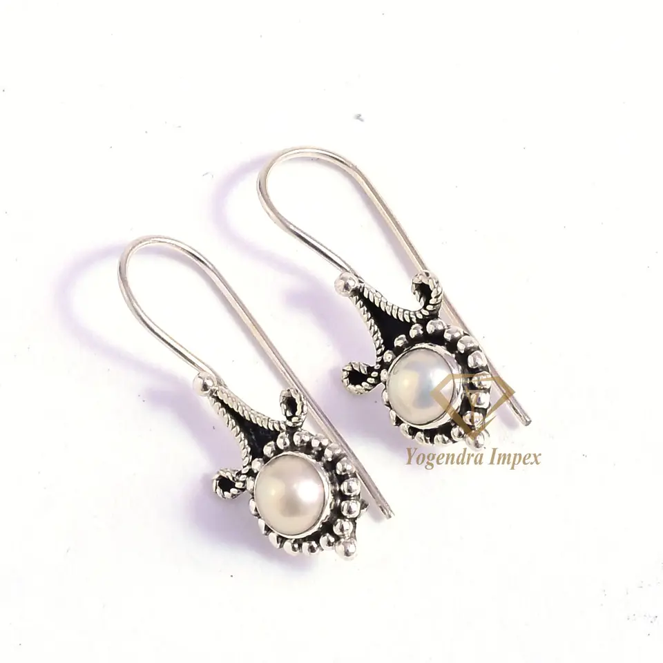 Gorgeous Round Pearl Gemstone Drop & Dangle Earrings 925 Sterling Silver, Wholesale Handmade White Gemstone Earrings Jewelry