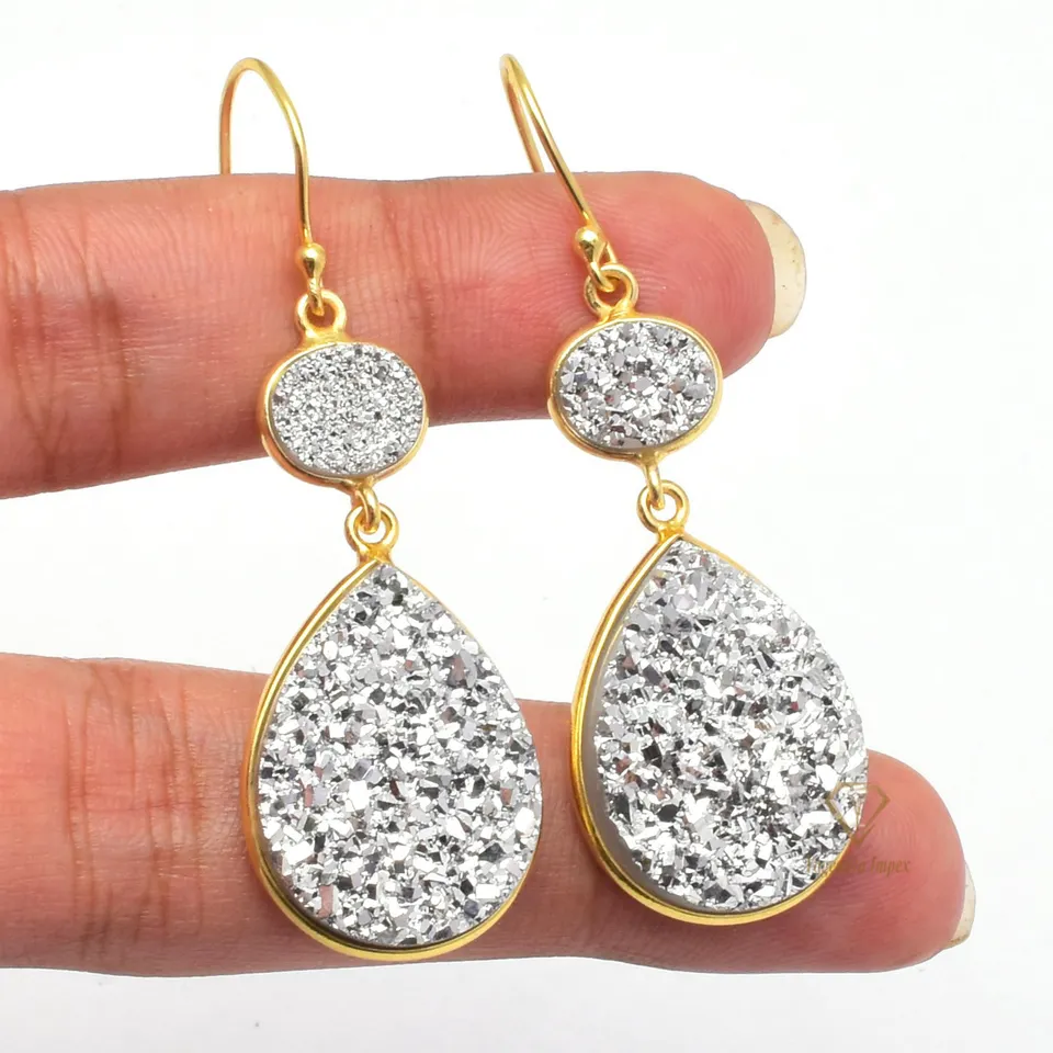 Metallic Silver Titanium Druzy Gemstone Drop & Dangle Earrings/925 Sterling Silver Large Druzy Earrings For Wholesale Suppliers