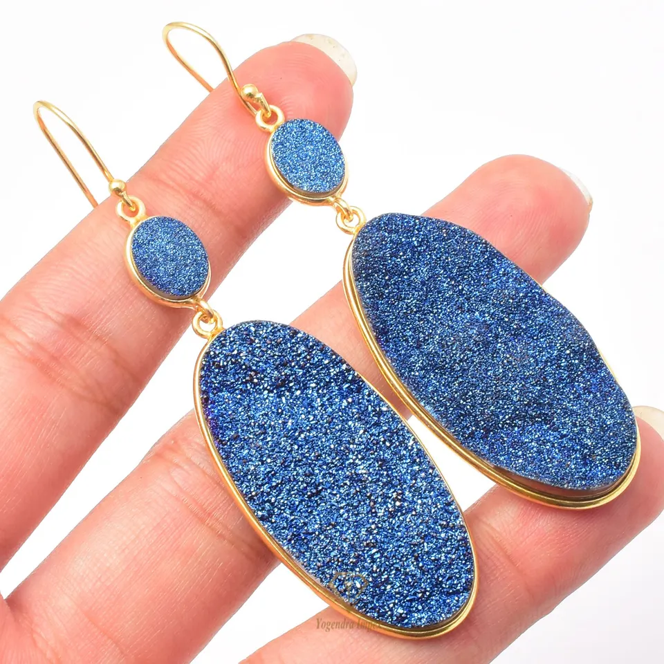 Blue Titanium Druzy Gemstone Drop & Dangle Earrings 925 Sterling Silver/Oval Gemstone Druzy Earrings For Wholesale Suppliers