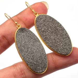 Elegant Gray Titanium Druzy Gemstone 925 Sterling Silver Hook Earrings/18k Gold Plated Designer Earrings For Wholesale Supplier