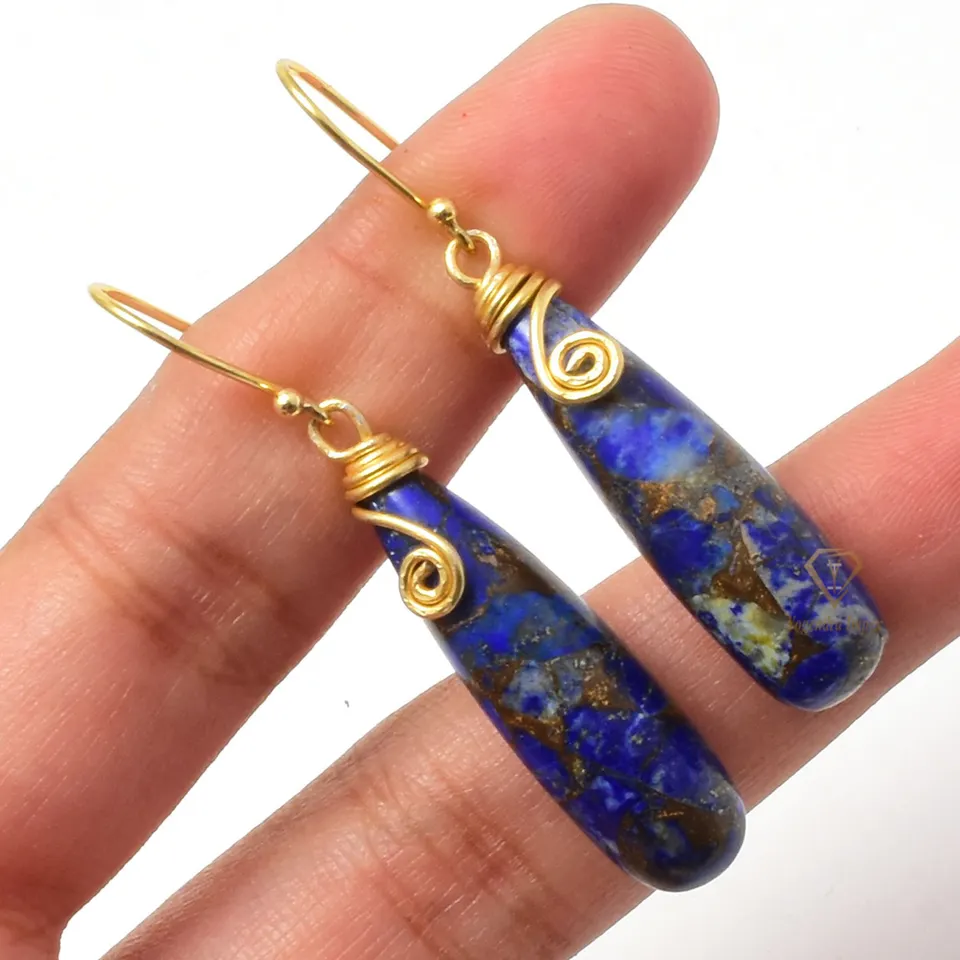 Fancy Natural Lapis Lazuli Copper Gemstone Dangle & Drop Earrings Sterling Silver Hanging Gold Plated Earrings For Wholesaler