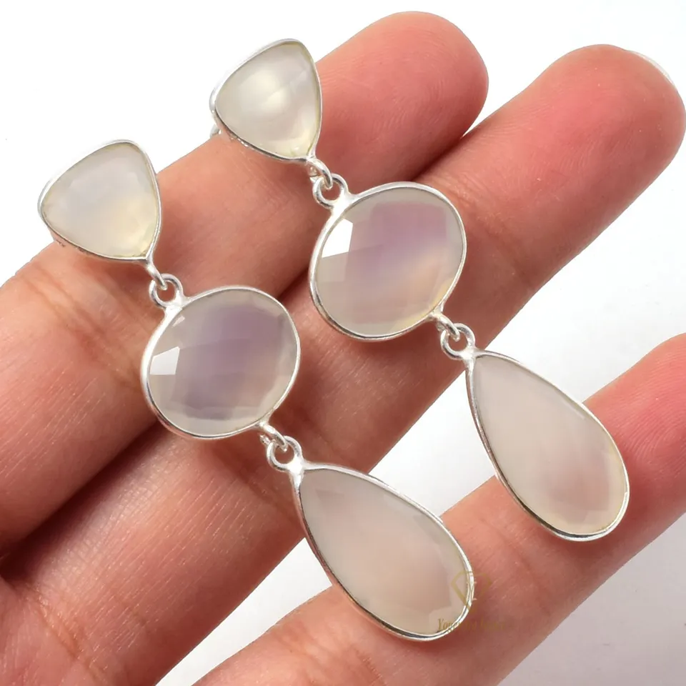 Long Fancy Shape 18k Gold Plated White Chalcedony Gemstone Earrings 925 Sterling Silver Drop Earrings For Wholesale Suppliers