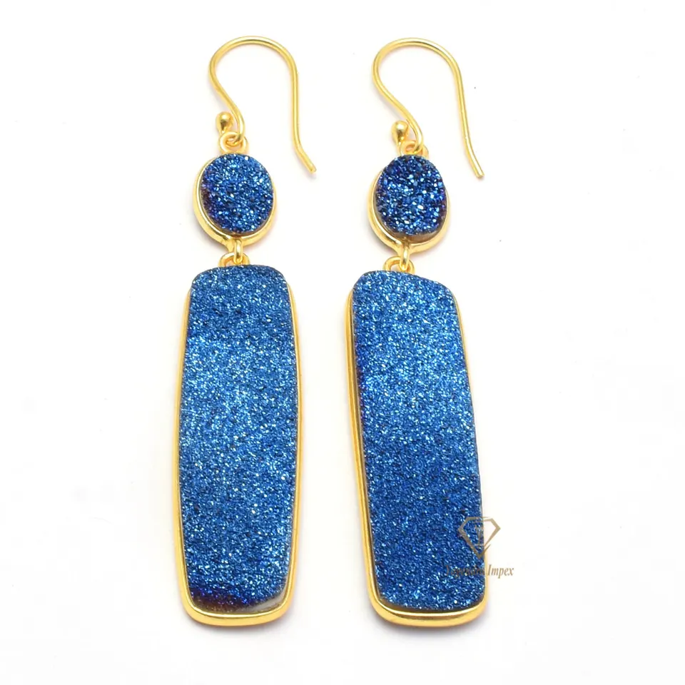 18k Gold Plated Earrings Blue Titanium Druzy Gemstone Earrings 925 Sterling Silver Stone Earrings For Suppliers