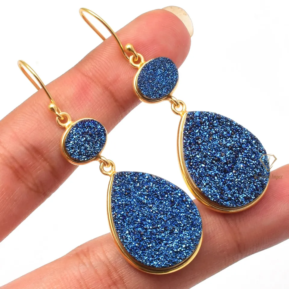 Blue Titanium Druzy Gemstone Hanging Earrings 925 Sterling Silver Pear & Oval Gemstone Wedding Earrings For Wholesale Suppliers