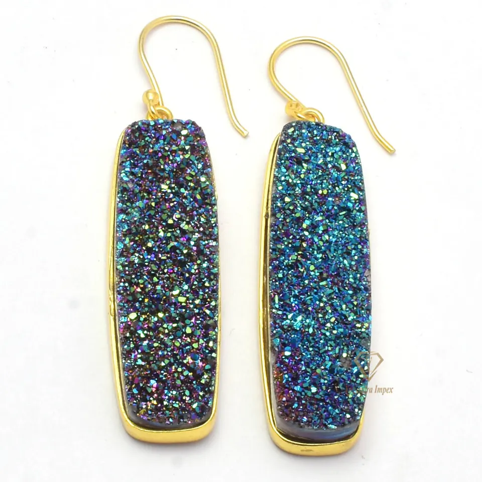 Rectangle Green Titanium Druzy Gemstone Drop & Dangle Earrings 925 Sterling Silver Gold Plated Dazzle Earrings For Wholesaler