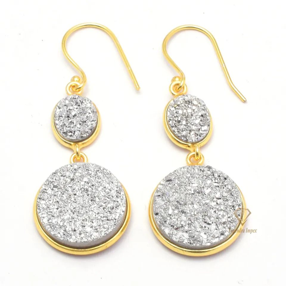 Gorgeous Silver Titanium Druzy Gemstone Earrings 925 Sterling Silver 18k Gold Plated Bridal Earrings Jewelry For Wholesaler