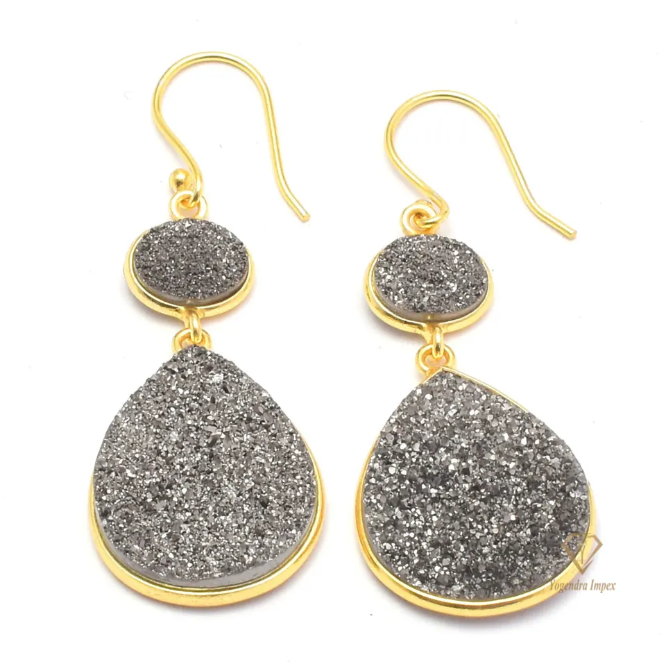 Gray Titanium Druzy Gemstone Drop & Dangle Earrings 925 Sterling Silver Gorgeous Glitter Dangle Earrings For Wholesale Supplier
