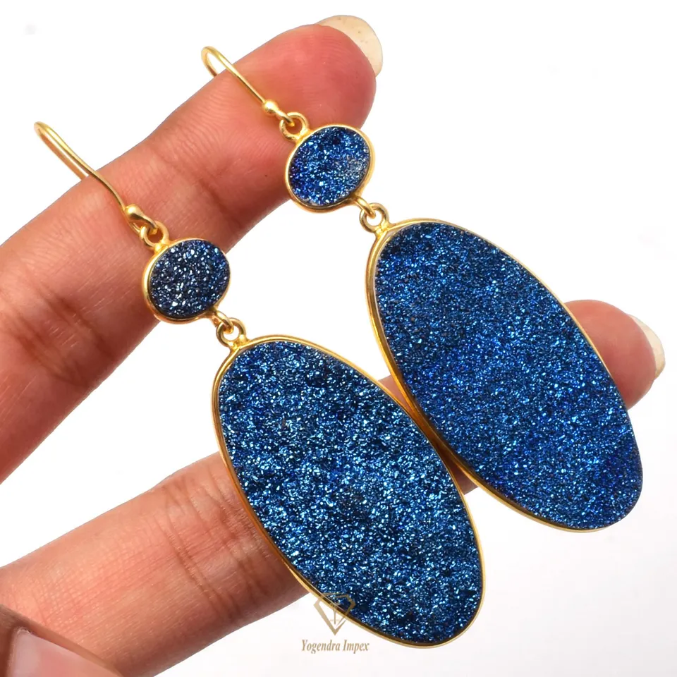 Elegant Blue Titanium Druzy Gemstone Earring 925 Sterling Silver Oval Gemstone Blue Druzy Dangle Earrings For Wholesaler