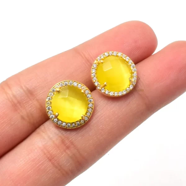 Round Yellow Monalisa Quartz Gemstone Earrings 18k Gold Plated Studs 925 Sterling Silver Cubic Zircon Gemstone Stud Suppliers