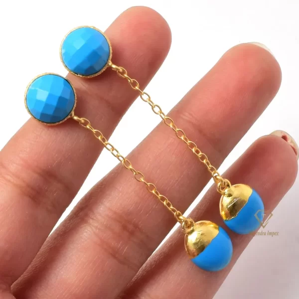 Natural Blue Turquoise Gemstone Dangle & Drop Earrings Silver Chain 18k Gold Plated Hanging Earrings For Wholesale Suppliers