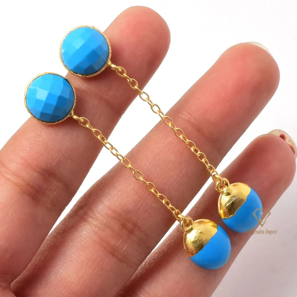 Natural Blue Turquoise Gemstone Dangle & Drop Earrings Silver Chain 18k Gold Plated Hanging Earrings For Wholesale Suppliers