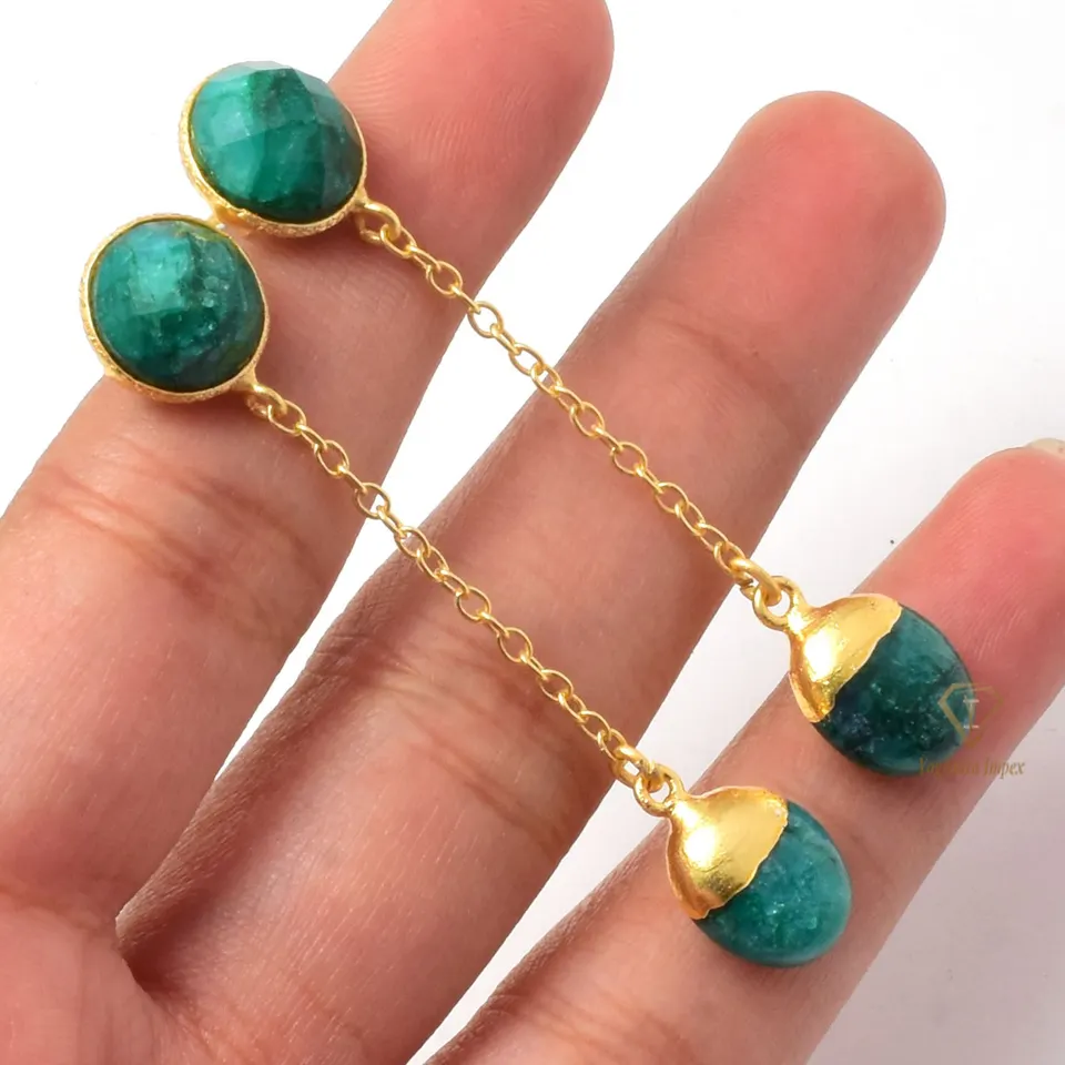 Gorgeous Natural Emerald Gemstone Drop & Dangle Earrings Sterling Silver18k Gold Plated Chain Earrings For Wholesale Suppliers