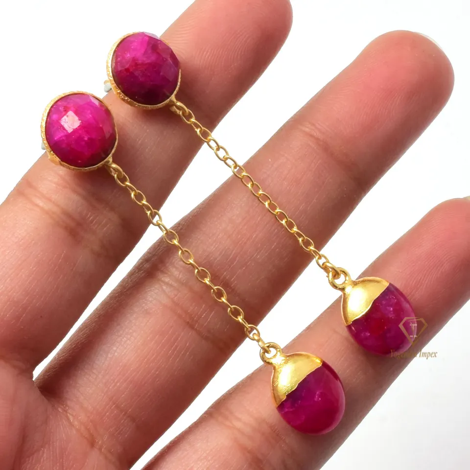 Round Natural Ruby Gemstone Drop & Dangle Earrings 925 Sterling Silver 18k Gold Plated Handmade Chain Jewelry For Wholesaler