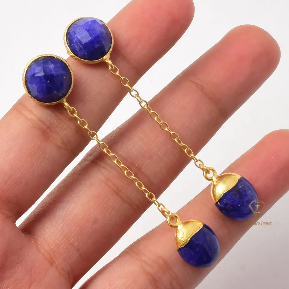 Round Shape Blue Sapphire Gemstone Drop & Dangle Earrings 925 Sterling Silver Gold Plated Handmade Chain Jewelry For Suppliers