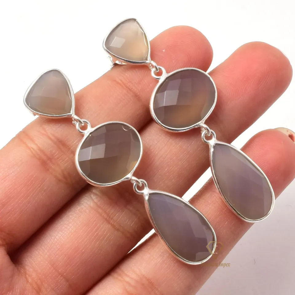 Gorgeous Gray Chalcedony Gemstone Drop Earrings 925 Sterling Silver/ Handmade Bezel Silver Fancy Shape Earrings For Suppliers