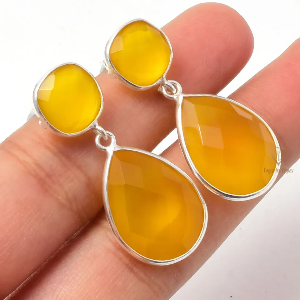 Yellow Chalcedony Gemstone Dangle & Drop Earrings 925 Silver Two Stone Christmas Wedding Earrings For Wholesale Suppliers