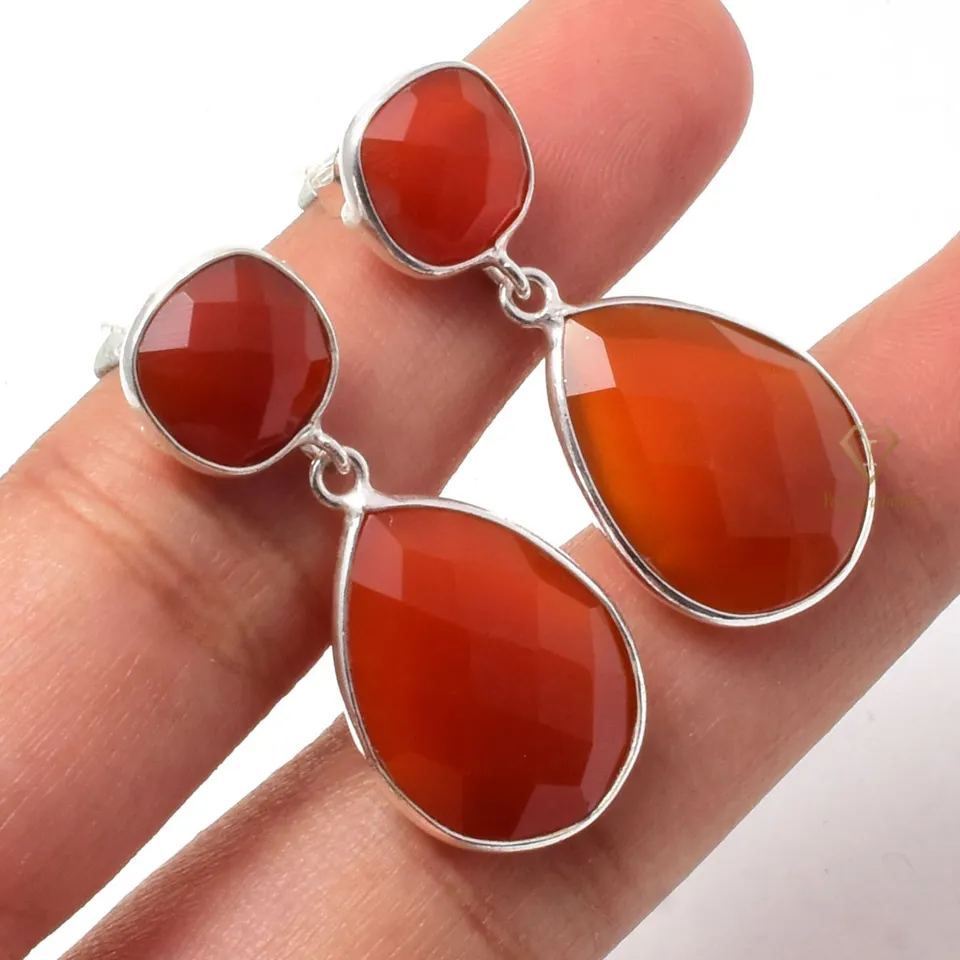 Elegant Natural Carnelian Gemstone Sterling Silver Drop Earrings Nice Dark Red Handmade Anniversary Earrings For Wholesaler