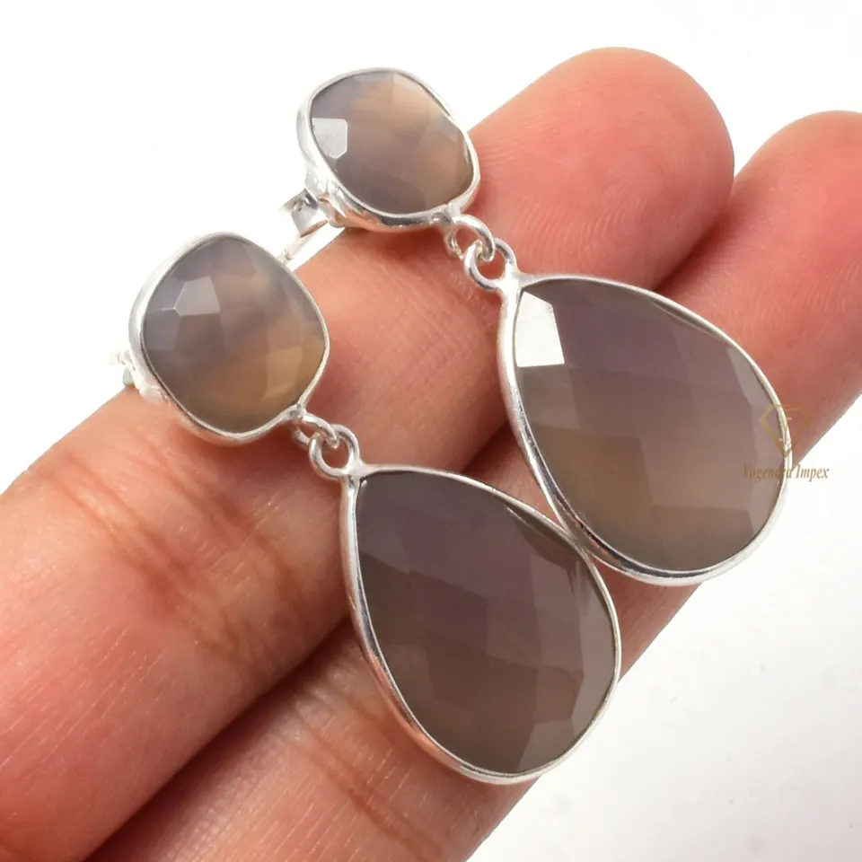 Natural Gray Chalcedony Gemstone Drop Earrings Handmade Fancy Shape Handmade Silver Wedding Earrings For Wholesale Suppliers
