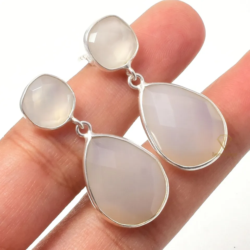 Natural White Chalcedony Gemstone Drop Earrings 925 Sterling Silver Bezel Set Hanging Dangle Gemstone Earrings For Suppliers