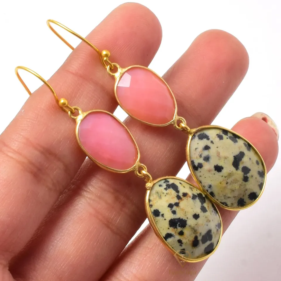 Multi Stone Pink Opal & Dalmatian Gemstone Hanging Earrings 925 Sterling Silver Double Stone Bezel Set Earring For Wholesaler