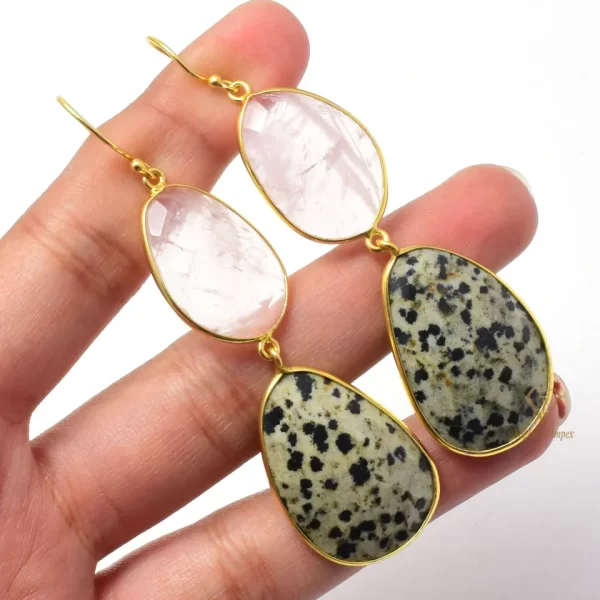 Natural Rose Quartz & Dalmatian Jasper Gemstone Earrings 925 Sterling Silver Bezel 18k Gold Plated Wedding Earring For Supplier