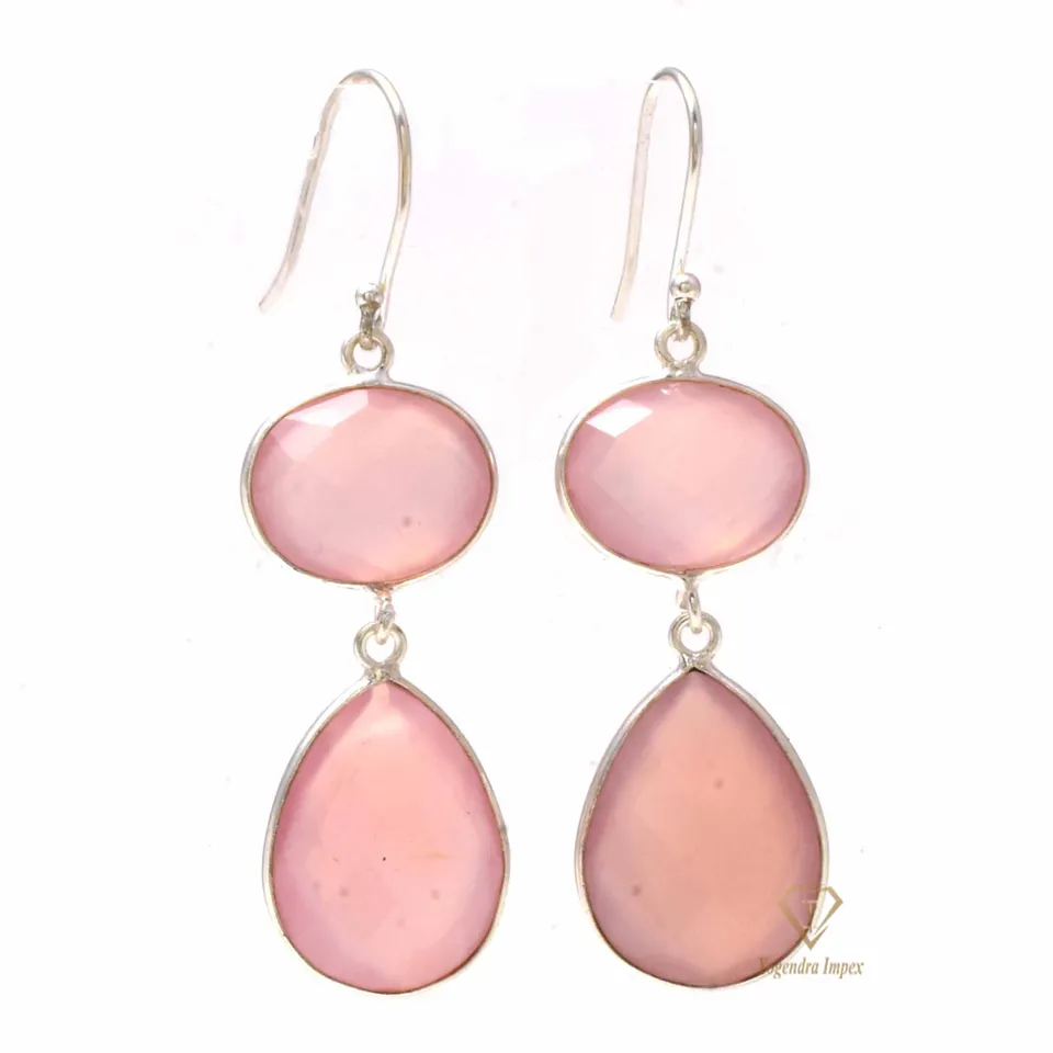 Fancy Natural Pink Chalcedony Gemstone 925 Sterling Silver Drop Earrings Handmade Bezel Set Silver Gemstone For Suppliers