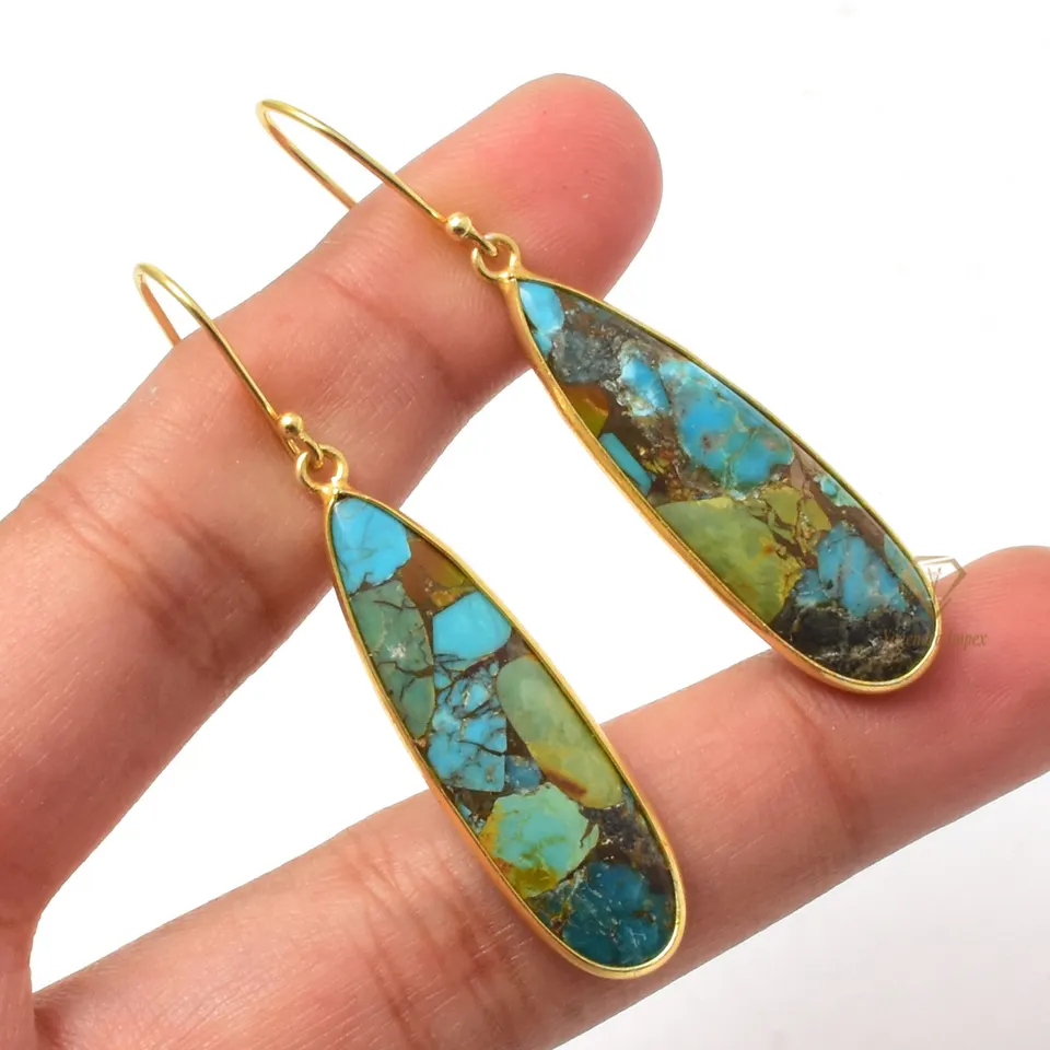 Natural Boulder Turquoise Gemstone Drop & Dangle Earrings 925 Sterling Silver Gold Plated Fashion Dangle Earrings For Supplier