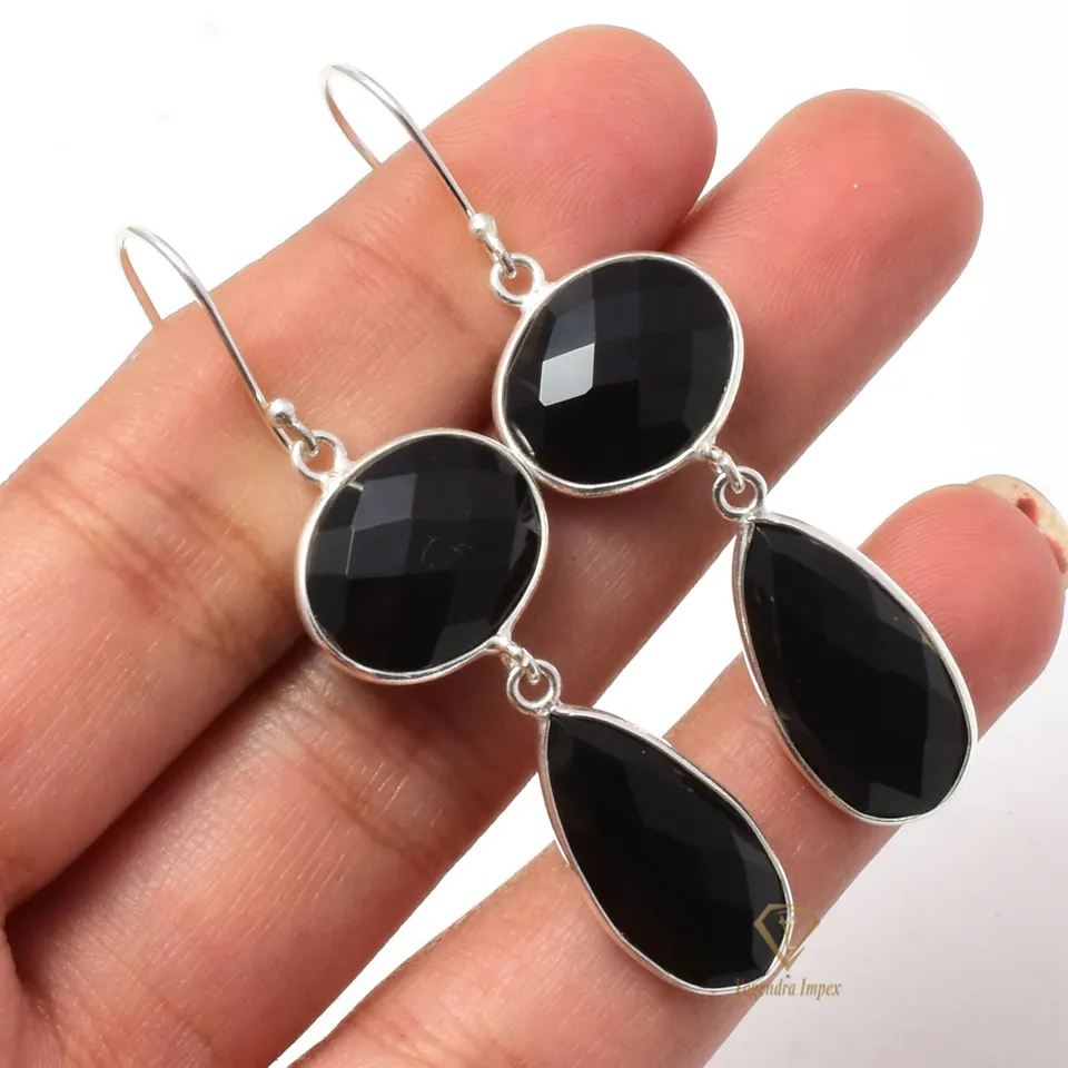 Fancy shape Natural Black Onyx Gemstone Dangle & Drop Earrings 925 Sterling Silver Handmade Designer Earrings For Suppliers