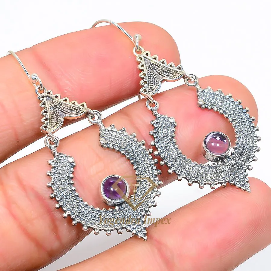 2023 Latest Fashion Amethyst Gemstone Round shaped Solid Designed 925 Solid Sterling Silver Jewelry Earrings
